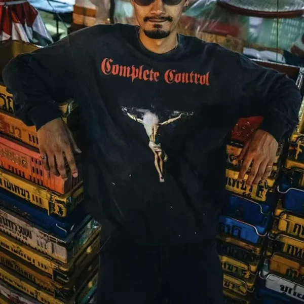 Toutes les saisons meilleure qualité coton Vintage lavé noir endommagé t-shirt hommes femmes jésus imprimé Saint à manches longues t-shirts hauts – Image 19