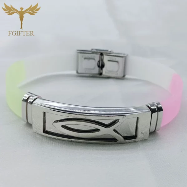 Bracelets en acier inoxydable avec symboles de poisson de Jésus, bijoux de religion chrétienne Lchthus, bracelet en caoutchouc coloré, bracelets simples – Image 13