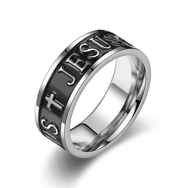 Bague Punk noire de jésus pour hommes, chevalière en acier inoxydable avec croix ne se décolore jamais, cadeaux de bijoux Cool Rock – Image 5