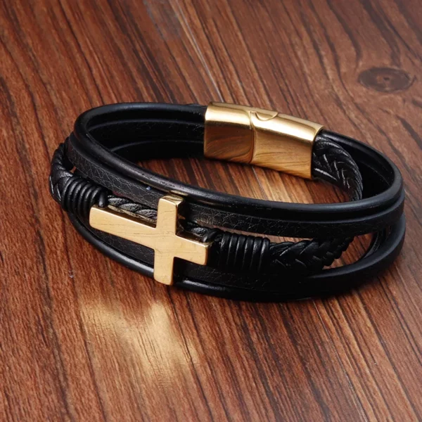 Bracelet Vintage en cuir véritable pour hommes, en acier inoxydable, tissé, croix, multicouche, accessoire de bijoux, cadeau – Image 12