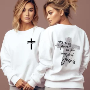 Sweat-shirt de foi chrétienne pour femme, pull sans capuche, il y a du pouvoir dans le nom de Jésus, sweat à capuche avec lettre graphique, Faith Cross Female