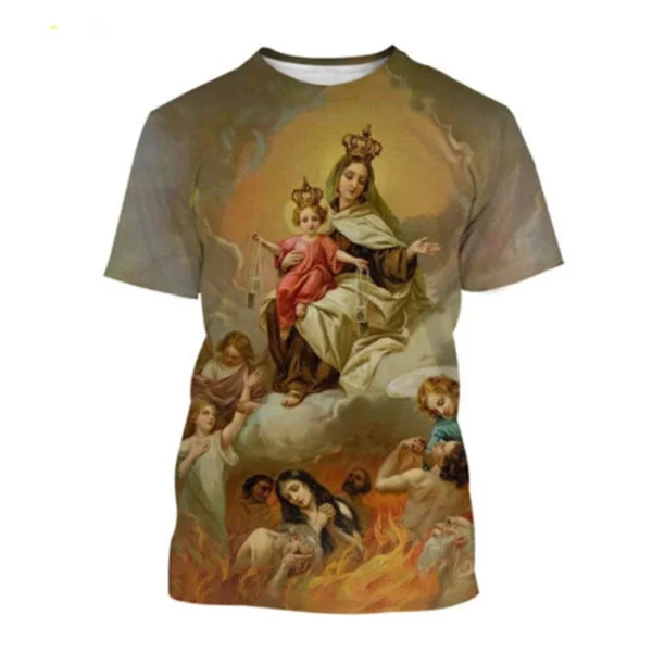 Vierge Marie T-Shirt déesse de la miséricorde impression 3D T-Shirt chrétien béni jésus dieu t-shirts femmes vêtements unisexe hauts courts – Image 3
