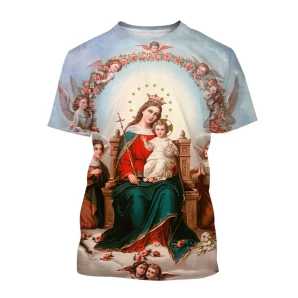 Vente chaude Vierge Marie 3D imprimé T-shirt Personnalité Christianisme Mère De Dieu Sainte Enfant T-shirts Décontracté à manches courtes T-shirt – Image 19
