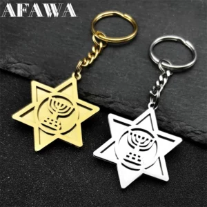 Porte-clés chandelier étoile de David hébreu pour femmes et hommes, en acier inoxydable, couleur or, Hanukkah juif, amulette, bijoux