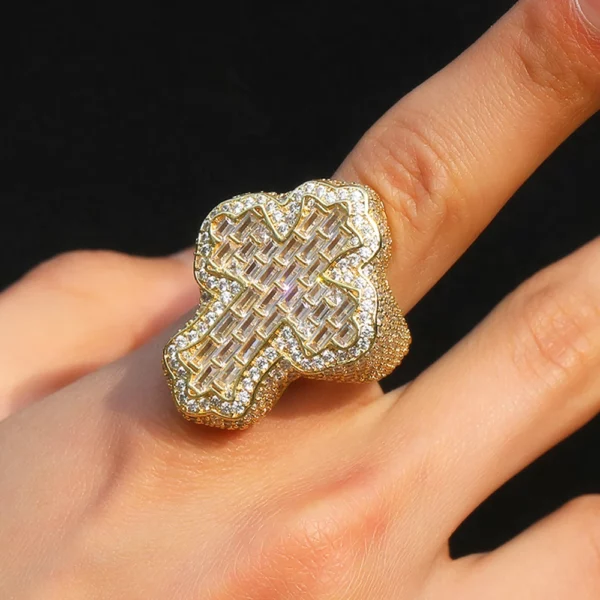 Nouveau glacé Bling CZ croix anneau plaqué or broche réglage cubique zircone grands anneaux mode Hip Hop luxe femmes hommes bijoux – Image 22