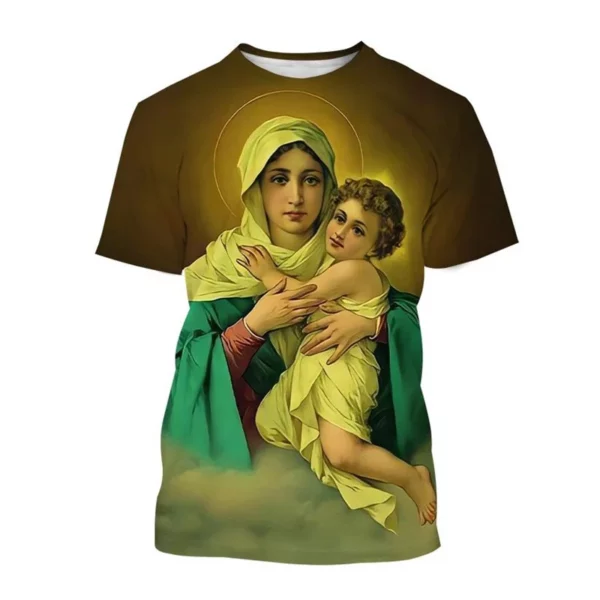 Vente chaude Vierge Marie 3D imprimé T-shirt Personnalité Christianisme Mère De Dieu Sainte Enfant T-shirts Décontracté à manches courtes T-shirt – Image 7