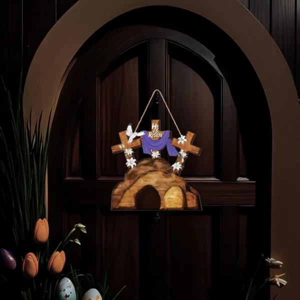 Signe de porte en bois de Jésus, décoration religieuse de Pâques pour la fête de printemps, cadeaux de saisi, He IS tosen, 30x25cm, 007 – Image 8