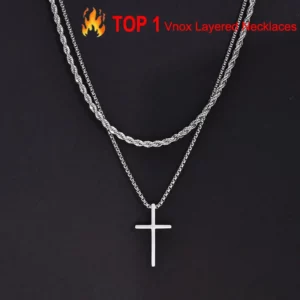 Vnox – colliers croisés pour hommes, pendentif croix uni superposé en acier inoxydable, collier chaîne en boîte de corde, collier de prière simple de jésus