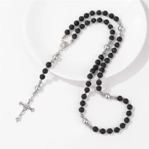 Bracelet chapelet en pierre naturelle, collier chrétien, prière de Jésus, pendentif croix, méditation religieuse, bijoux en lave constants ique