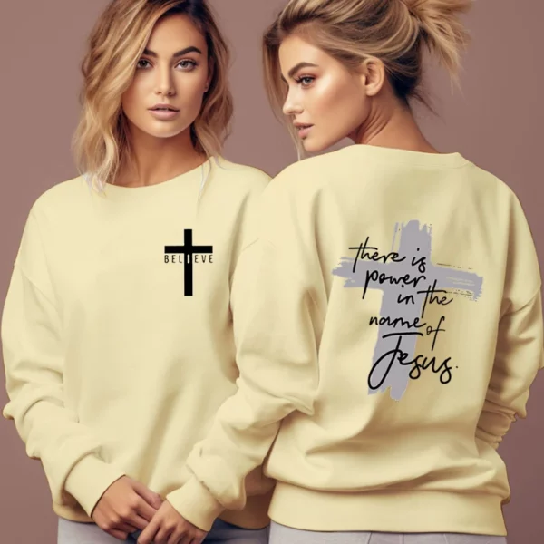 Sweat-shirt de foi chrétienne pour femme, pull sans capuche, il y a du pouvoir dans le nom de Jésus, sweat à capuche avec lettre graphique, Faith Cross Female – Image 14