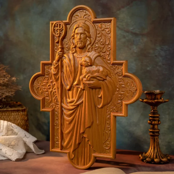 Statue de Jésus-Christ religieux pour la décoration murale, plaque en bois sculptée, image de Saint Catholique, troupeau de bons contribuables – Image 8