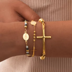 Bracelet chapelet en croix pour femmes, breloques à maillons ajustables en perles JO, cadeau de baptême religieux et chrétien