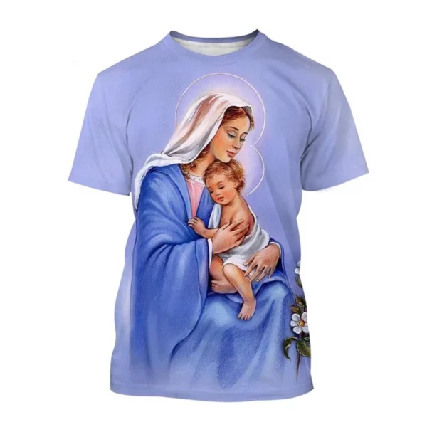 Vente chaude Vierge Marie 3D imprimé T-shirt Personnalité Christianisme Mère De Dieu Sainte Enfant T-shirts Décontracté à manches courtes T-shirt – Image 27