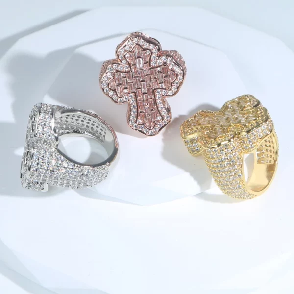 Nouveau glacé Bling CZ croix anneau plaqué or broche réglage cubique zircone grands anneaux mode Hip Hop luxe femmes hommes bijoux – Image 18