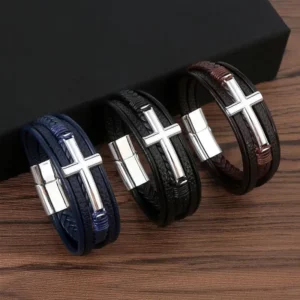 Bracelet en cuir avec fermoir en métal classique pour homme, design croisé multicolore, joli cadeau de Noël, bijoux masculins, 19 cm, 21 cm, 23cm