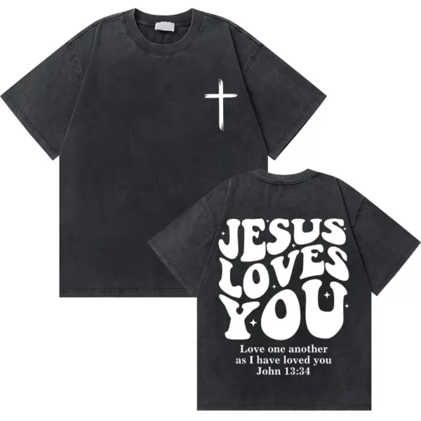 Lavé Vintage chrétien jésus bonnes nouvelles dieu vous aime verset de la Bible graphique T-shirts hommes femmes mode décontracté surdimensionné t-shirt – Image 31