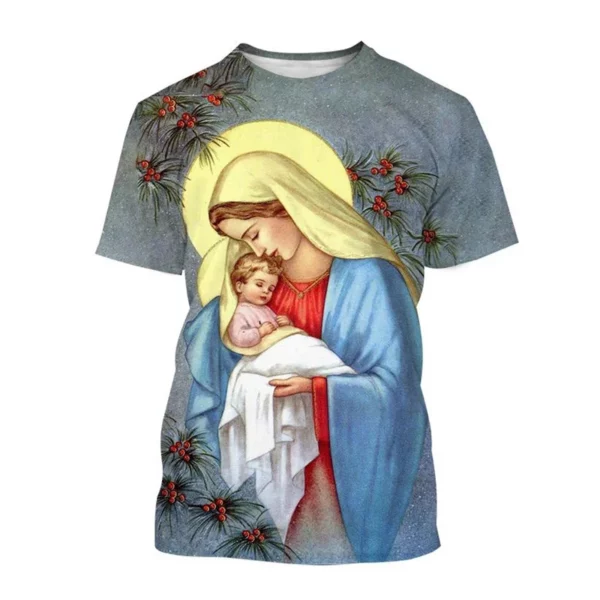 Vente chaude Vierge Marie 3D imprimé T-shirt Personnalité Christianisme Mère De Dieu Sainte Enfant T-shirts Décontracté à manches courtes T-shirt – Image 8