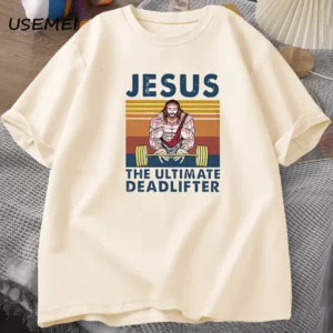 T-shirt en coton pour hommes, vêtements de fitness vintage pour hommes, Jesus The UlOscar Deadlifter, Gym Working Out