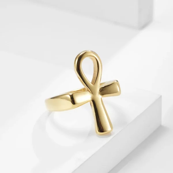 Bague croix en acier inoxydable pour homme, commerce électronique transfrontalier, prairie, égyptien, anneau Ankh, plaqué or 18 carats, bijoux à la main, approvisionnement – Image 5