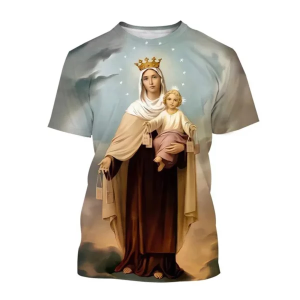 Vente chaude Vierge Marie 3D imprimé T-shirt Personnalité Christianisme Mère De Dieu Sainte Enfant T-shirts Décontracté à manches courtes T-shirt – Image 28
