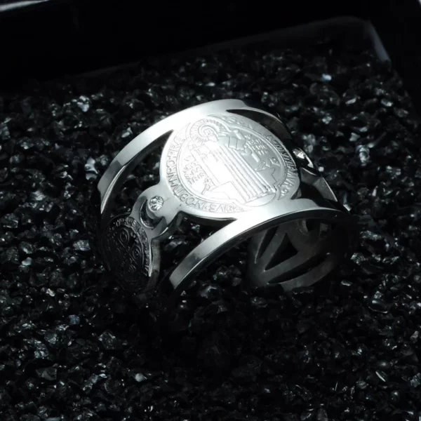 Bague médaille San Benito en acier inoxydable pour femmes et hommes, couleur or/argent, anneau ouvert en métal avec croix de San Benito réglable – Image 3