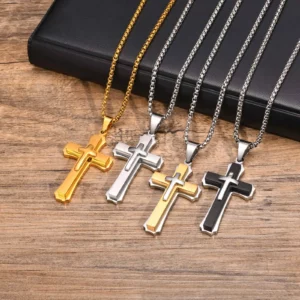 Colliers avec pendentif croix 3D pour hommes et garçons, collier croix en acier inoxydable couleur or noir, cadeau de fête Hip Hop Punk