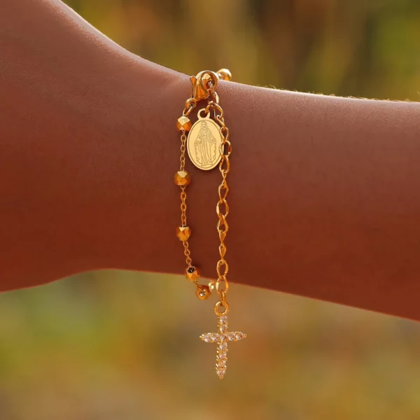 Bracelet chapelet croisé en zircone cubique pour femmes, lien réglable Mary en acier inoxydable, cadeau de bijoux religieux – Image 2
