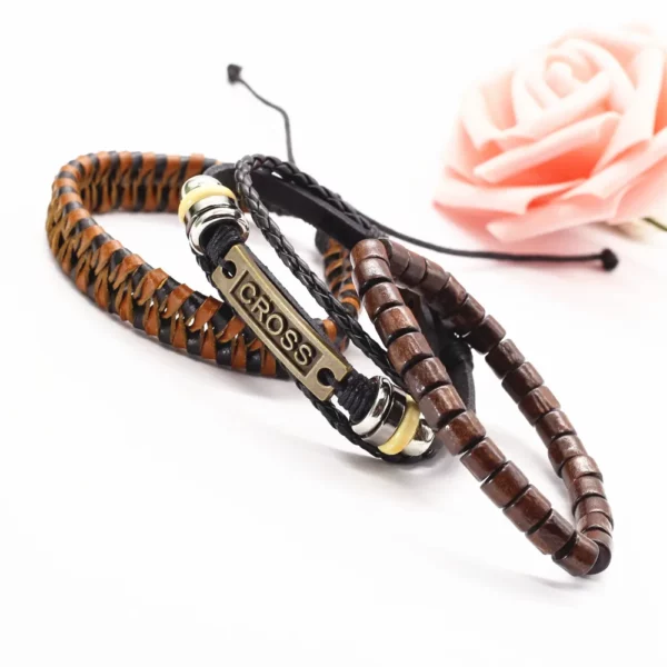 WESTBULL 3 pièces/ensemble Bracelets en cuir multicouche pour hommes croix charme Homme Bracelets cadeau bijoux – Image 33