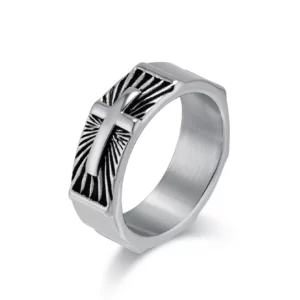 Bague en acier inoxydable pour hommes, croix à Motif chrétien, icône religieuse catholique, cadeau de baptême et d'anniversaire