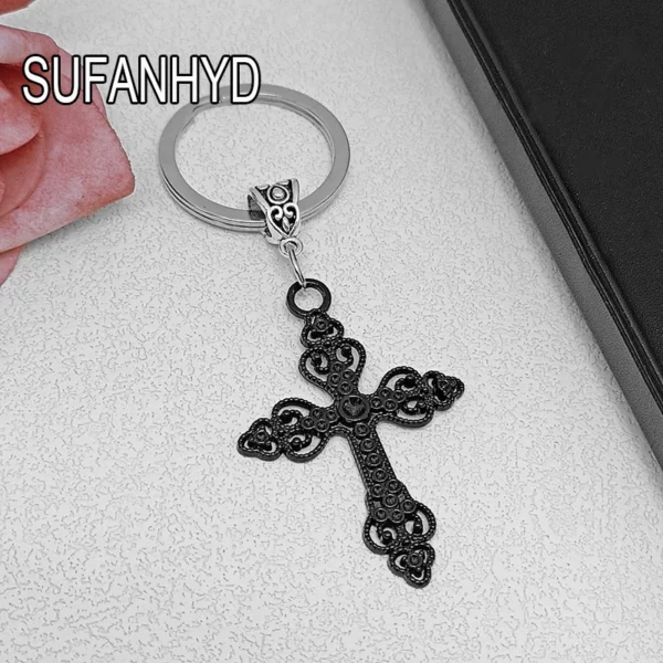 Porte-clés croix gothique en argent pour hommes et femmes, porte-clés fleur rose vintage, cadeau punk, EquiHouse – Image 10