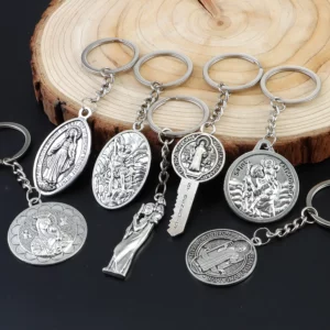 Porte-clés en alliage de la vierge marie catholique, couleur argent Antique, pendentif de marque de saint benoît, pour sac, étui de téléphone et pendentif clé