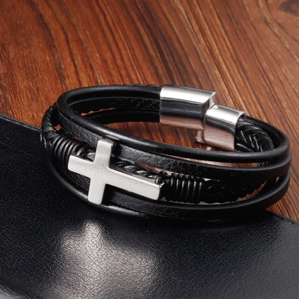 Bracelet Vintage en cuir véritable pour hommes, en acier inoxydable, tissé, croix, multicouche, accessoire de bijoux, cadeau – Image 10
