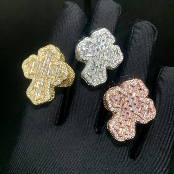 Nouveau glacé Bling CZ croix anneau plaqué or broche réglage cubique zircone grands anneaux mode Hip Hop luxe femmes hommes bijoux – Image 12
