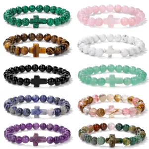 Bracelets croisés en pierre naturelle pour hommes et femmes, prière, méditation, quartz Rose, œil de tigre, Onyx, perles, bijoux de Yoga pour hommes