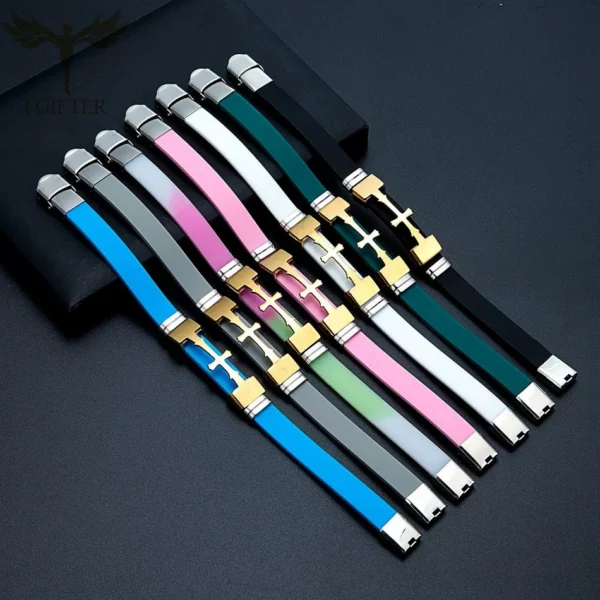Bracelets en acier inoxydable pour documents en or, accessoire de symboles croisés, plusieurs couleurs, bracelet en caoutchouc, bracelets, religion chrétienne, bijoux – Image 2