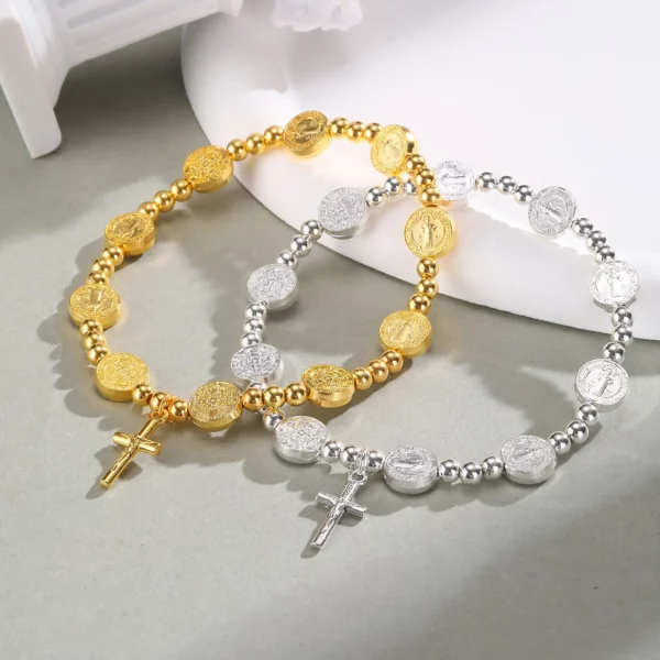 Vnox-Perles rondes JOprompt pour hommes et femmes, pendentif croix de Jésus, bracelets à breloques en or et argent, bijoux religieux catholiques – Image 2