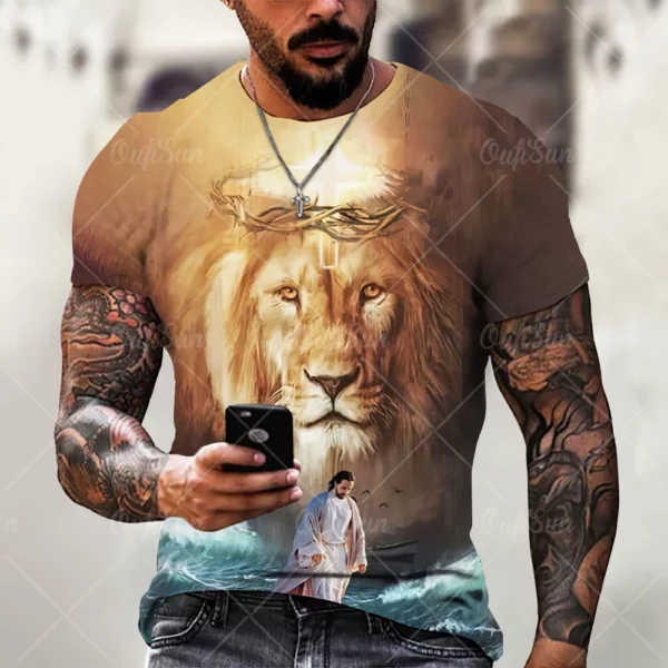Christ jésus T-Shirts pour hommes 3D Lion imprimé T-Shirt vêtements d'été à manches courtes Streetwear Vintage hauts T-Shirt hommes vêtements – Image 16