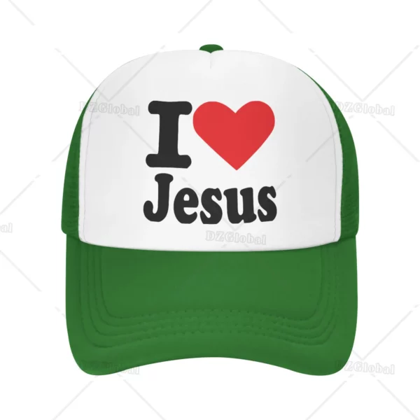 Chapeau de camionneur imprimé I Love Jesus pour hommes et femmes, casquette de baseball en maille, chapeaux de soleil, casquette de cowboy, chapeau de papa d'été, noir – Image 11