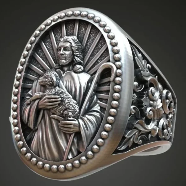 Bague d'instituts d'art religieux en argent regardé 925 massif, grand Jésus-Christ tenant un agneau, véritable bague personnalisée, 18g – Image 11