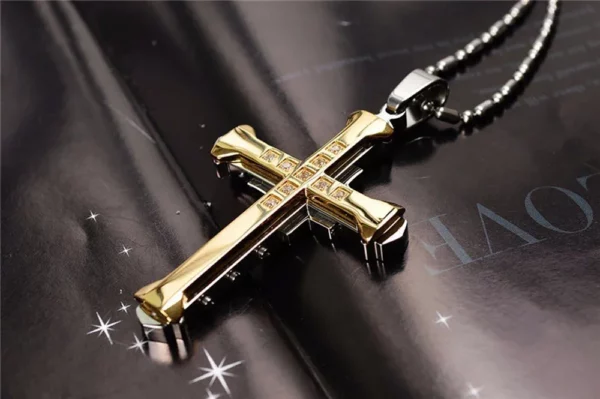 Pendentif croix de jésus en cristal pour homme, couleur or/noir/bleu, zircone, collier, bijoux en acier inoxydable, nouvelle collection 2024 – Image 16