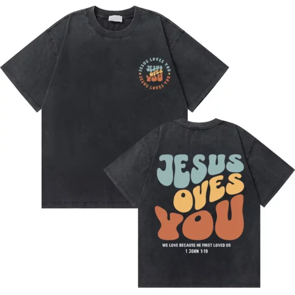 Lavé Vintage chrétien jésus bonnes nouvelles dieu vous aime verset de la Bible graphique T-shirts hommes femmes mode décontracté surdimensionné t-shirt – Image 9