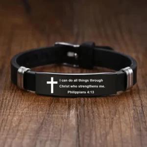 Bracelet verset de la Bible avec croix chrétienne, en acier inoxydable noir, Bracelets de foi inspirants pour hommes et femmes, bijoux