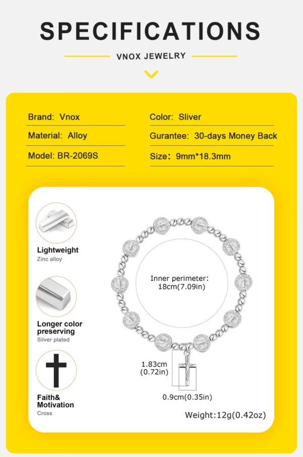 Vnox-Perles rondes JOprompt pour hommes et femmes, pendentif croix de Jésus, bracelets à breloques en or et argent, bijoux religieux catholiques – Image 13
