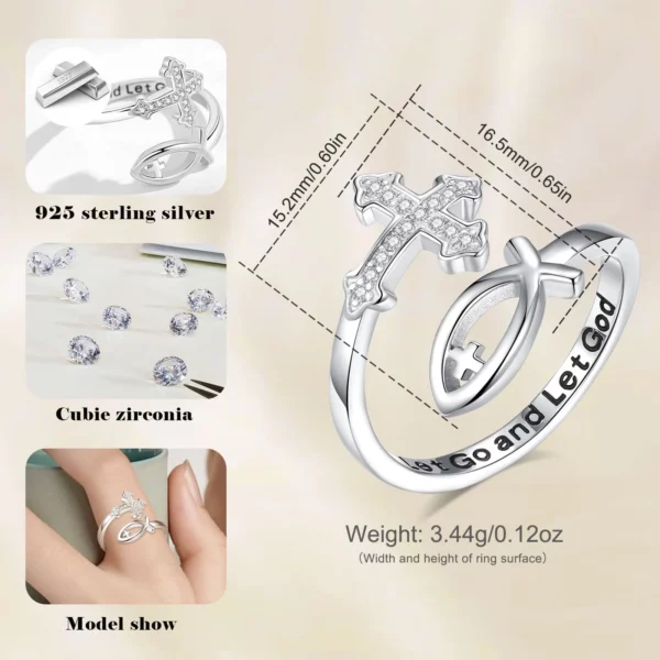 Eudora-Bague réglable en argent regardé 925 pour femme, croix de Jésus poisson, croix besters chrétienne, cadeau de bijoux Ichthus pour la colonne vertébrale – Image 2