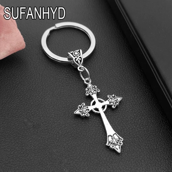 Porte-clés croix gothique en argent pour hommes et femmes, porte-clés fleur rose vintage, cadeau punk, EquiHouse – Image 8