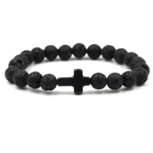 FSUNION-Bracelet à breloques en pierre naturelle pour hommes et femmes, croix, perles de lave noires, bijoux faits à la main, prière, fitness, JOCouple