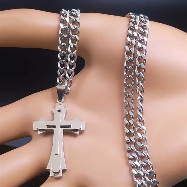 Collier multicouches en acier inoxydable pour hommes, bijoux Hip Hop, avec pendentif Crucifix chrétien – Image 4
