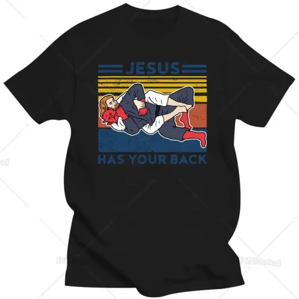 Hommes jésus a votre dos T-shirt graphique Judo Jujitsu Style de rue Harajuku motif à manches courtes coton rétro T-shirt – Image 8