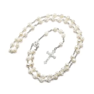 Chapelet de perles de roses en plastique blanc, Long pendentif croix de Christ, bijoux religieux