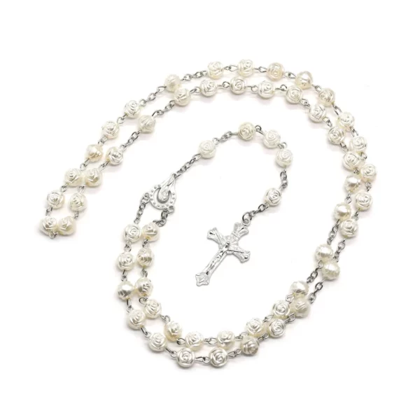Chapelet de perles de roses en plastique blanc, Long pendentif croix de Christ, bijoux religieux